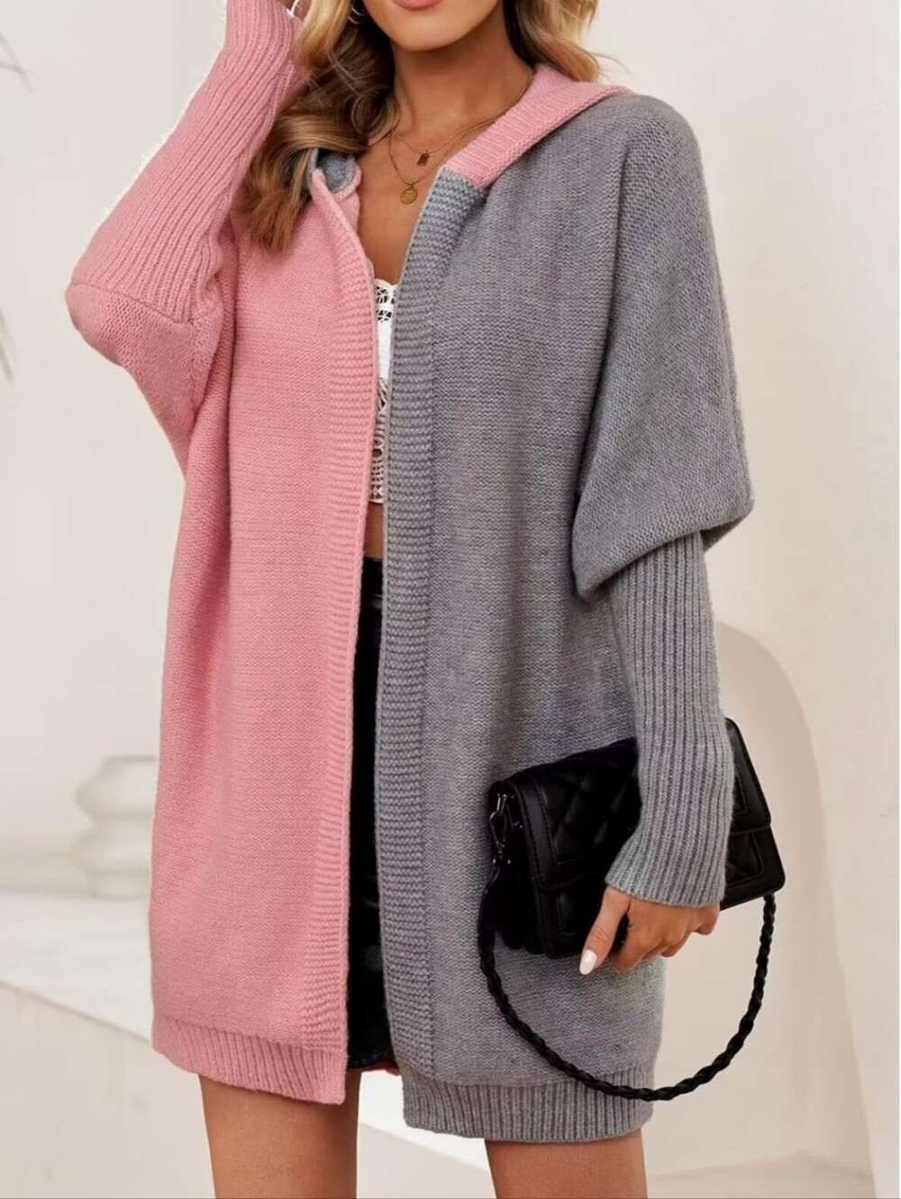 Pink and Gray Women's Hooded Sweater